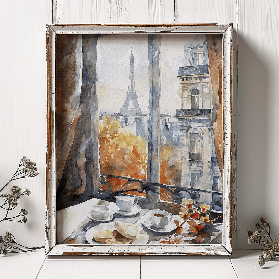 Paris Breakfast Window Eiffel Tower View Coffee Watercolor Art Poster - Image 4