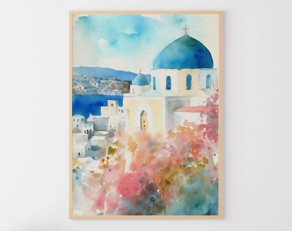Santorini Watercolor Cityscape, Greek Old Town Art Print