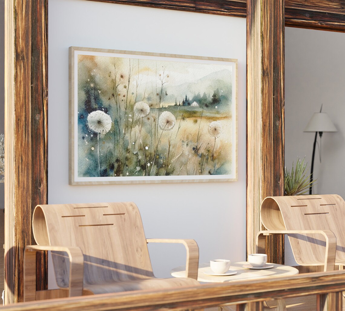 Dandelion Watercolor Countryside Farm Landscape Art Print - Image 4