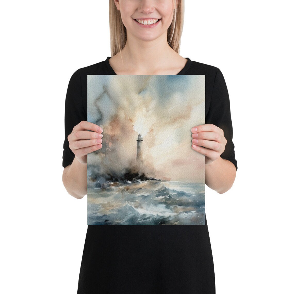 Lighthouse Stormy Ocean Waves Misty Seascape Watercolor Painting Wall Poster - Image 2