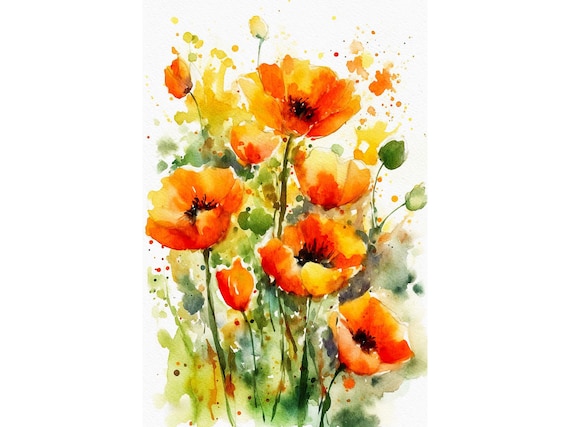 Yellow Poppy Watercolor Art Print, Wildflower Meadow