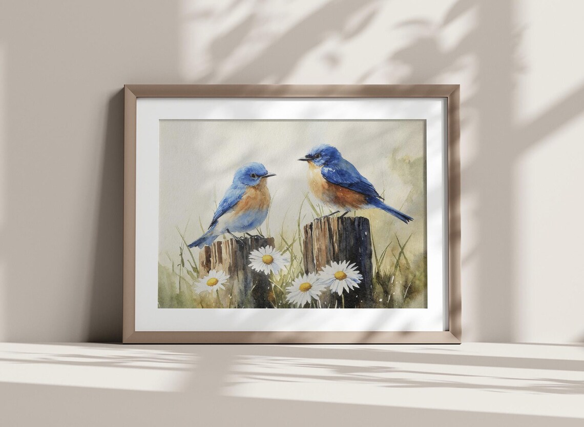 Bluebirds Watercolor Art Print, Daisy Farmhouse Wall Art - Image 3