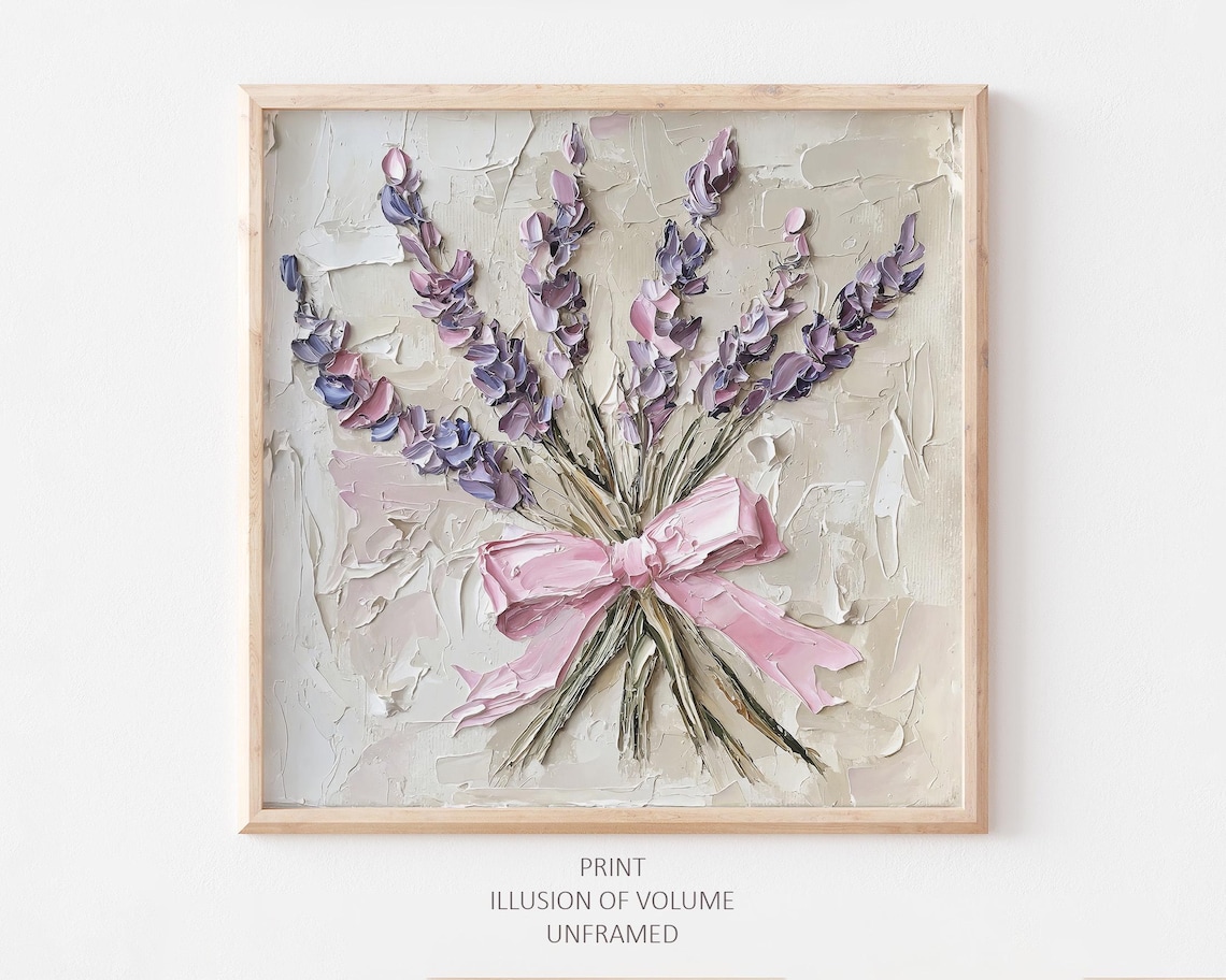 Lavender Oil Painting Print, Pink Bow Wildflowers