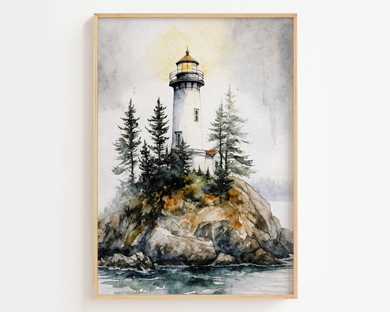 Lighthouse Watercolor Art Print, Great Lake Landscape