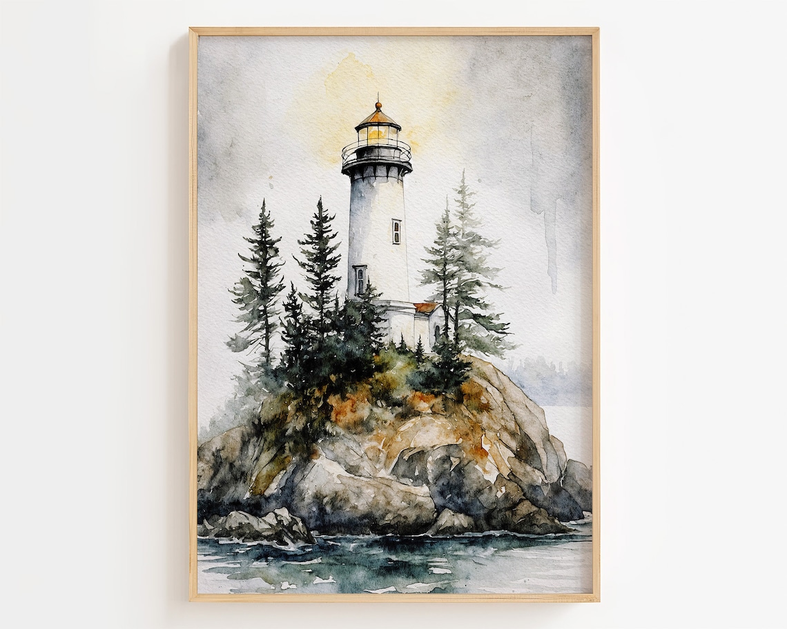 Lighthouse Watercolor Art Print, Great Lake Landscape
