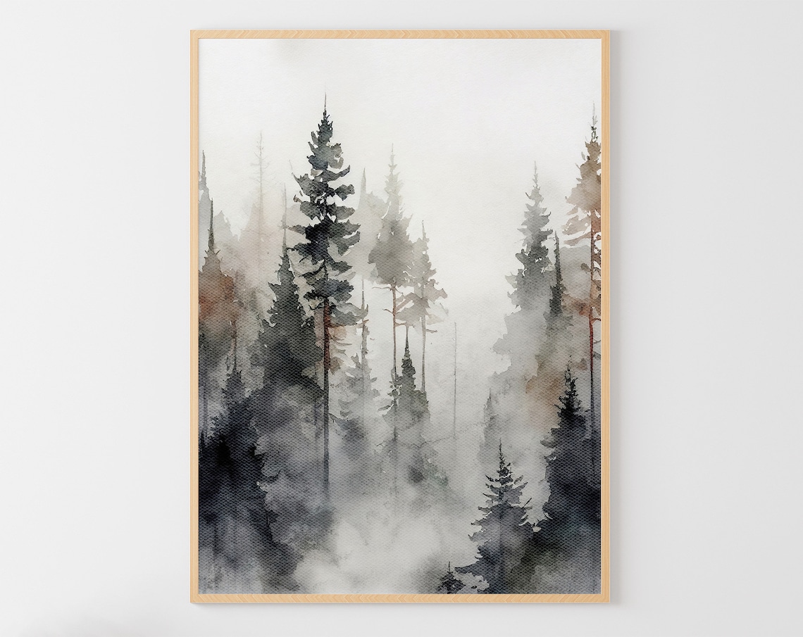 Pine Forest Watercolor Misty Landscape Art Print