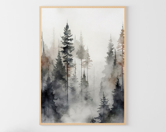 Pine Forest Watercolor Misty Landscape Art Print