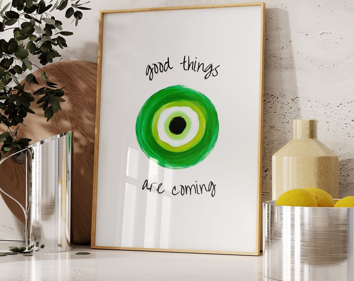Good Things Are Coming Green Evil Eye Watercolor Quote Wall Art - Image 3