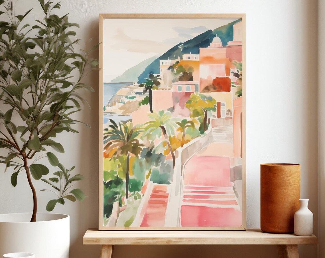Amalfi Coast Pink Stairs Palm Trees Watercolor Mediterranean Poster