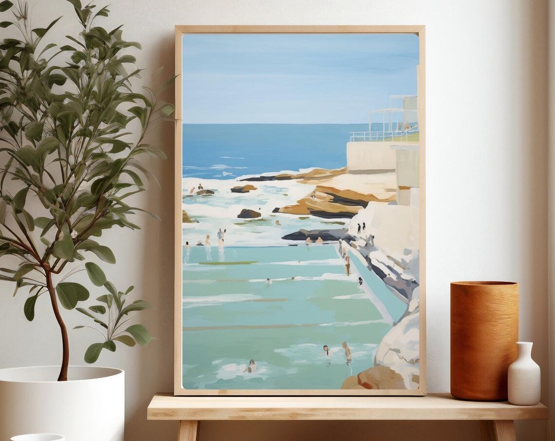 Ocean Rock Pool Swimmers Painting Coastal Sea Bath Blue Water Poster