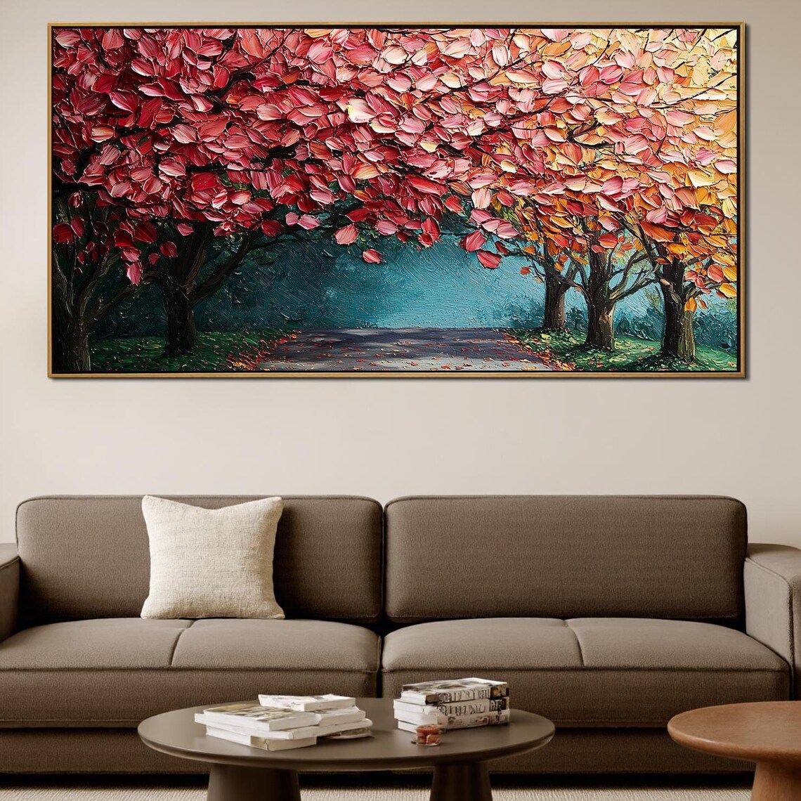 Red Autumn Tree Canopy Path Impasto Fall Landscape Art Poster