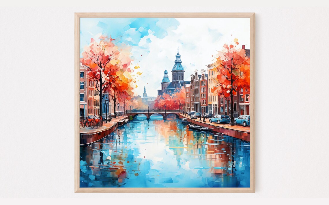 Amsterdam Canal Autumn Trees Colorful Watercolor City Poster