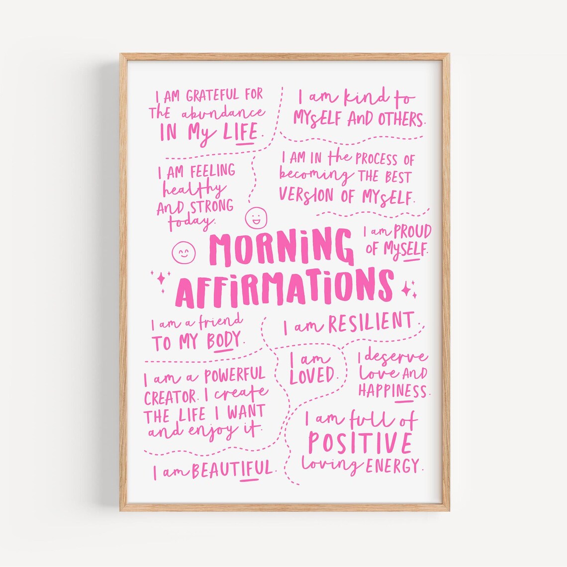 Pink Morning Affirmations Hand-Lettered Daily Self Love Quote Poster