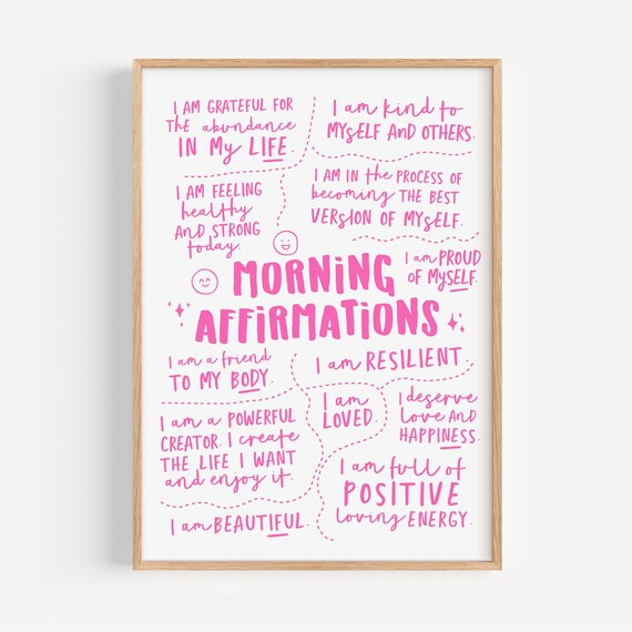 Pink Morning Affirmations Hand-Lettered Daily Self Love Quote Poster