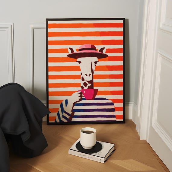 Giraffe Drinking Coffee Poster Midcentury Modern Print