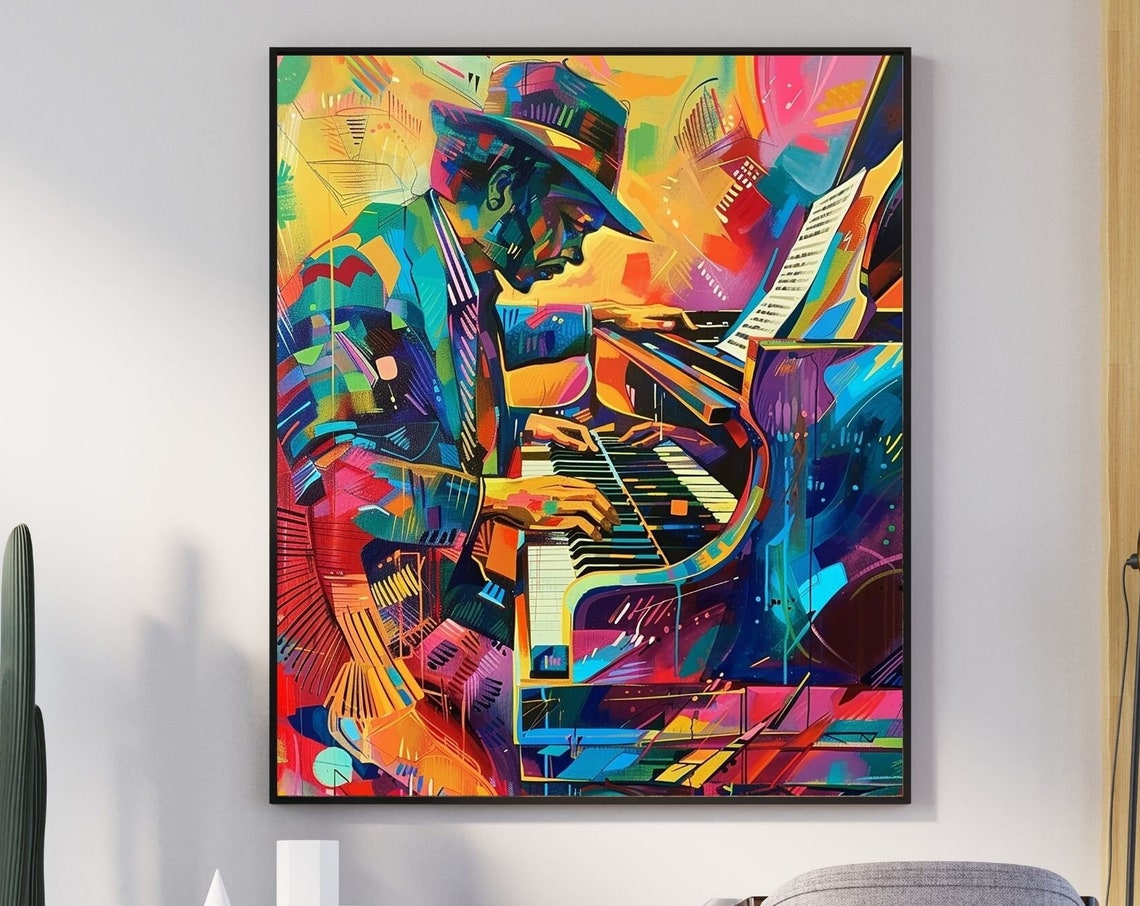 Vibrant Jazz Pianist Pop Art Poster Close Up With Hot Neon Keys