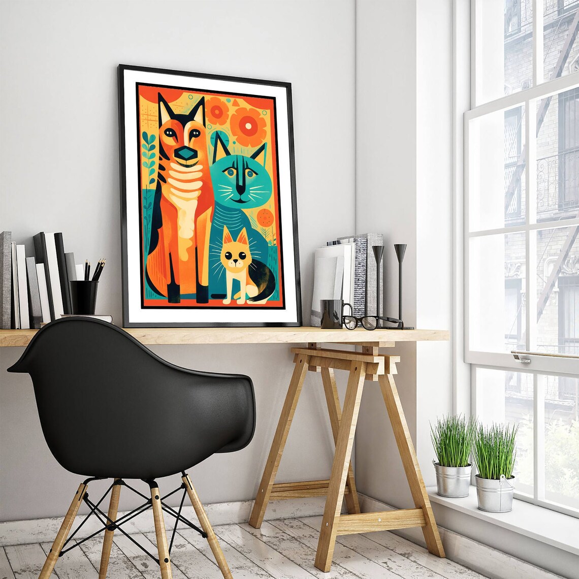 Folk Art Dog and Cat Pair Orange Teal Floral Illustration Poster - Image 3
