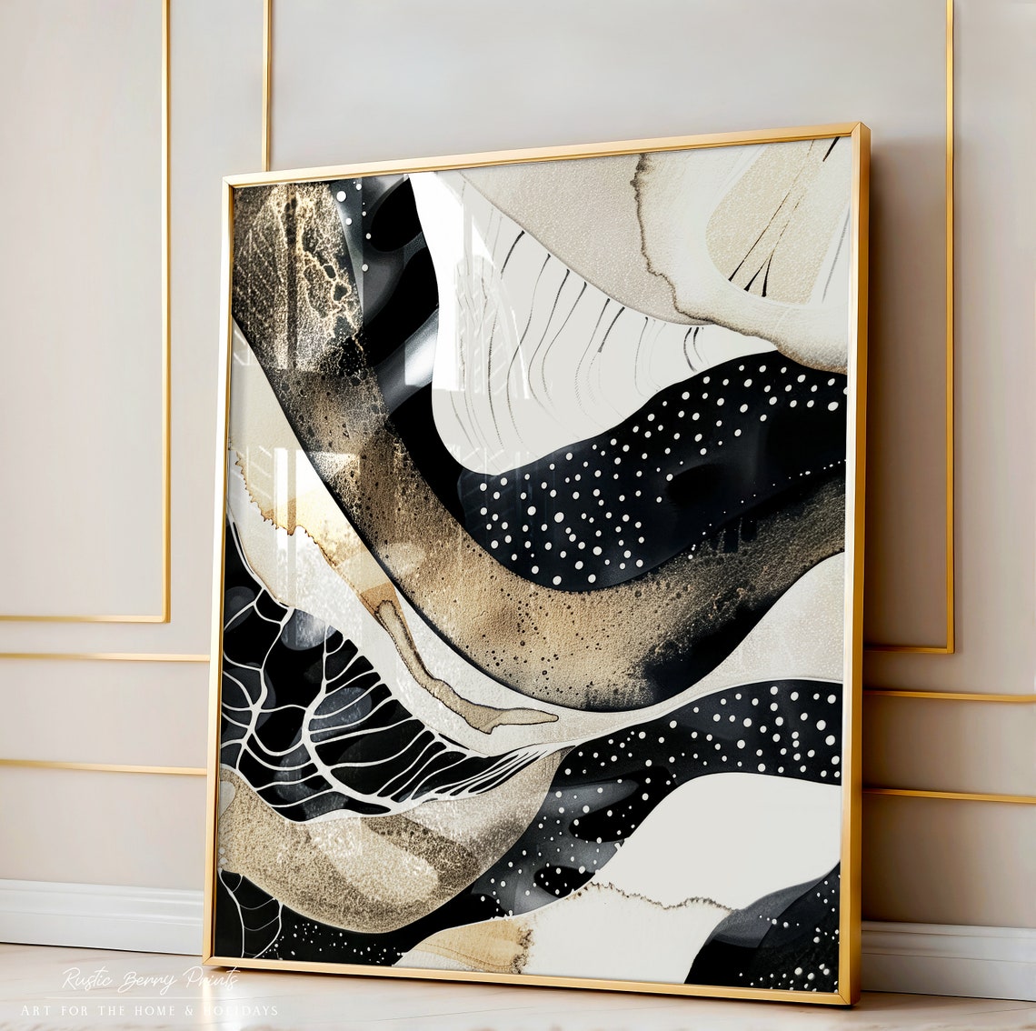 Black White Gold Abstract Waves Modern Marble Swirl Wall Art