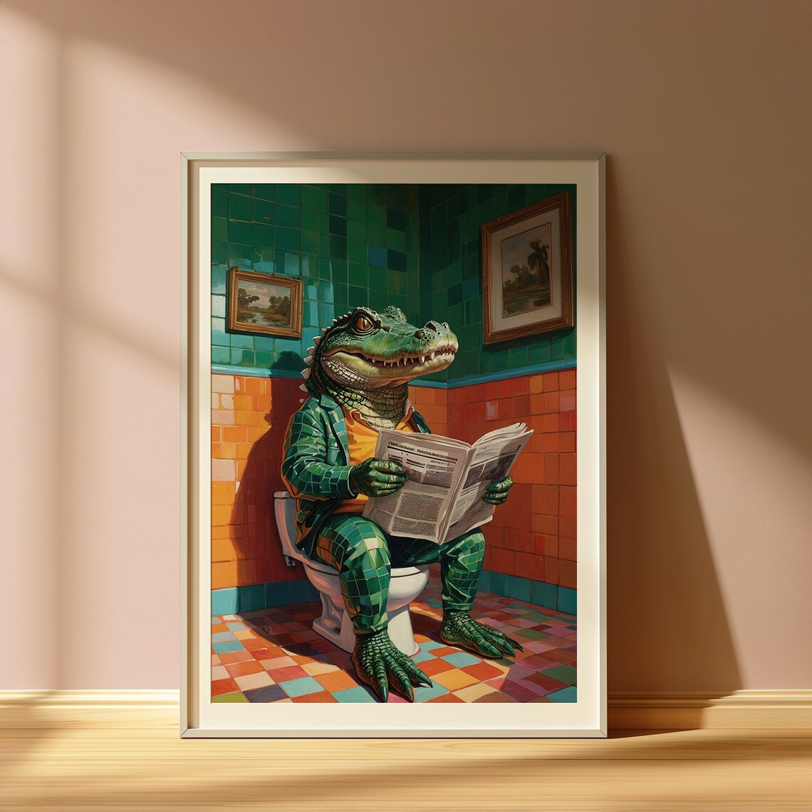 Funny Alligator On Toilet, Bathroom Wall Art Print - Image 3