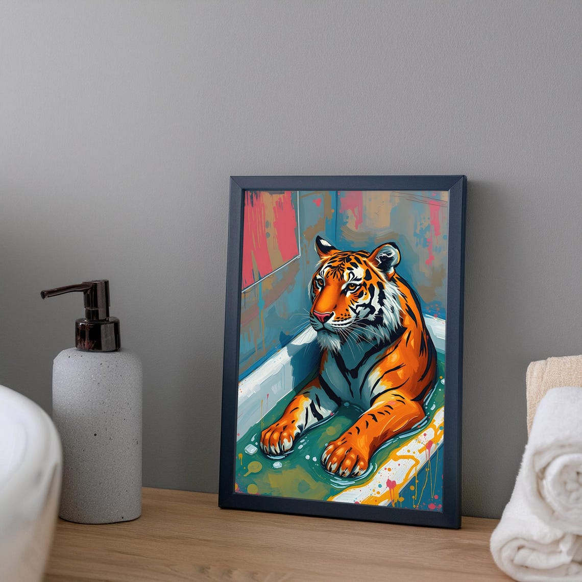 Playful Tiger Lounging In A Bathtub Abstract Colorful Art Poster - Image 3