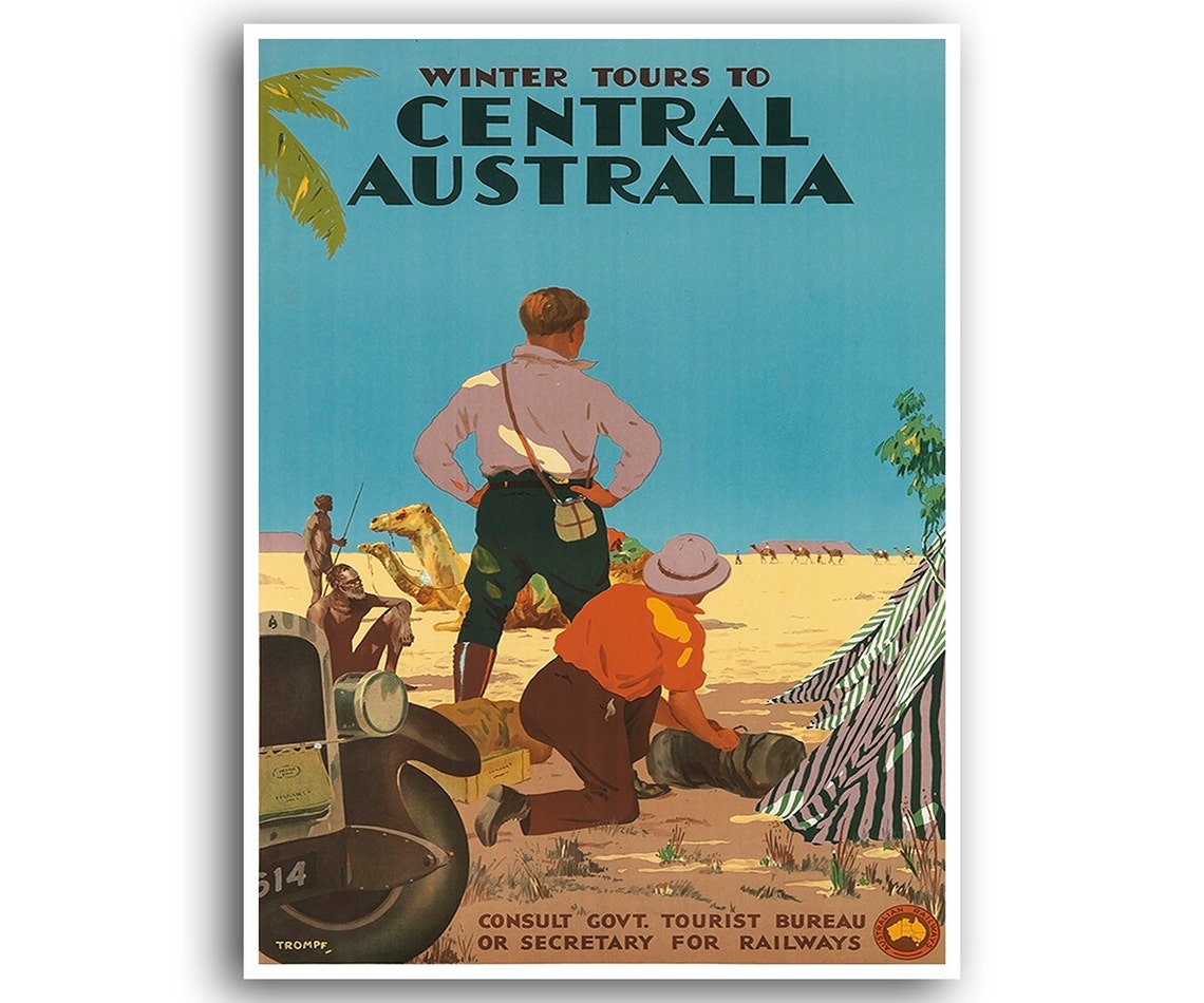 Central Australia Winter Tours Outback Camp Vintage Travel Poster