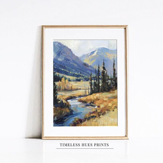Serene Mountain Valley Landscape Painting Rocky Mountains Art Vintage Nature Art Mountain Creek Art Art
