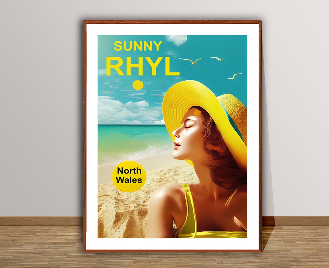 Sunny Rhyl North Wales Beach Woman Sun Hat Retro Travel Poster
