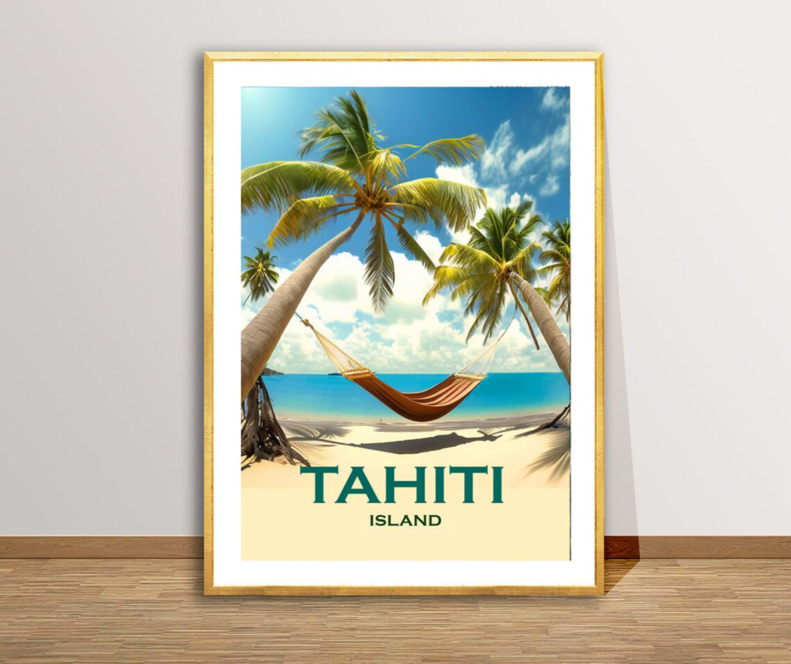 Tahiti Islands Palm Trees Hammock Beach Vintage Travel Poster - Image 3