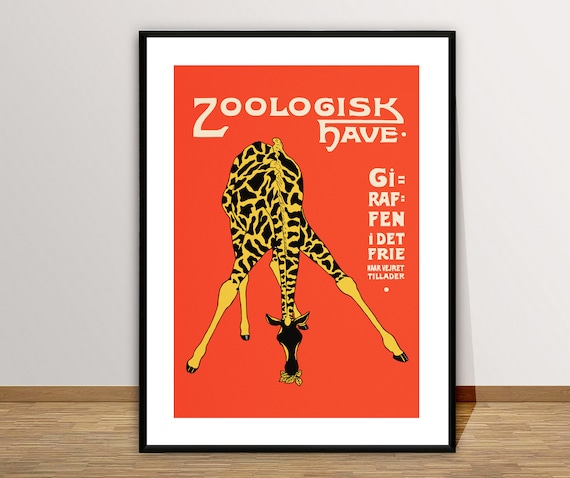 Zoologisk Have Giraffe Bold Red Danish Zoo Advertising Poster
