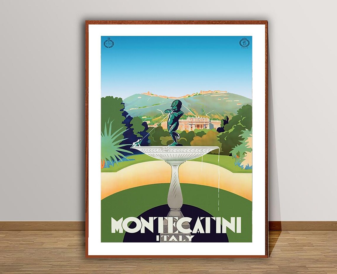 Montecatini Italy Fountain Gardens Vintage Tuscan Travel Poster