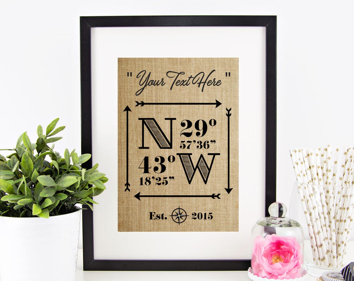 Your Text Here Custom Coordinates Blank Wedding Sign Burlap Poster
