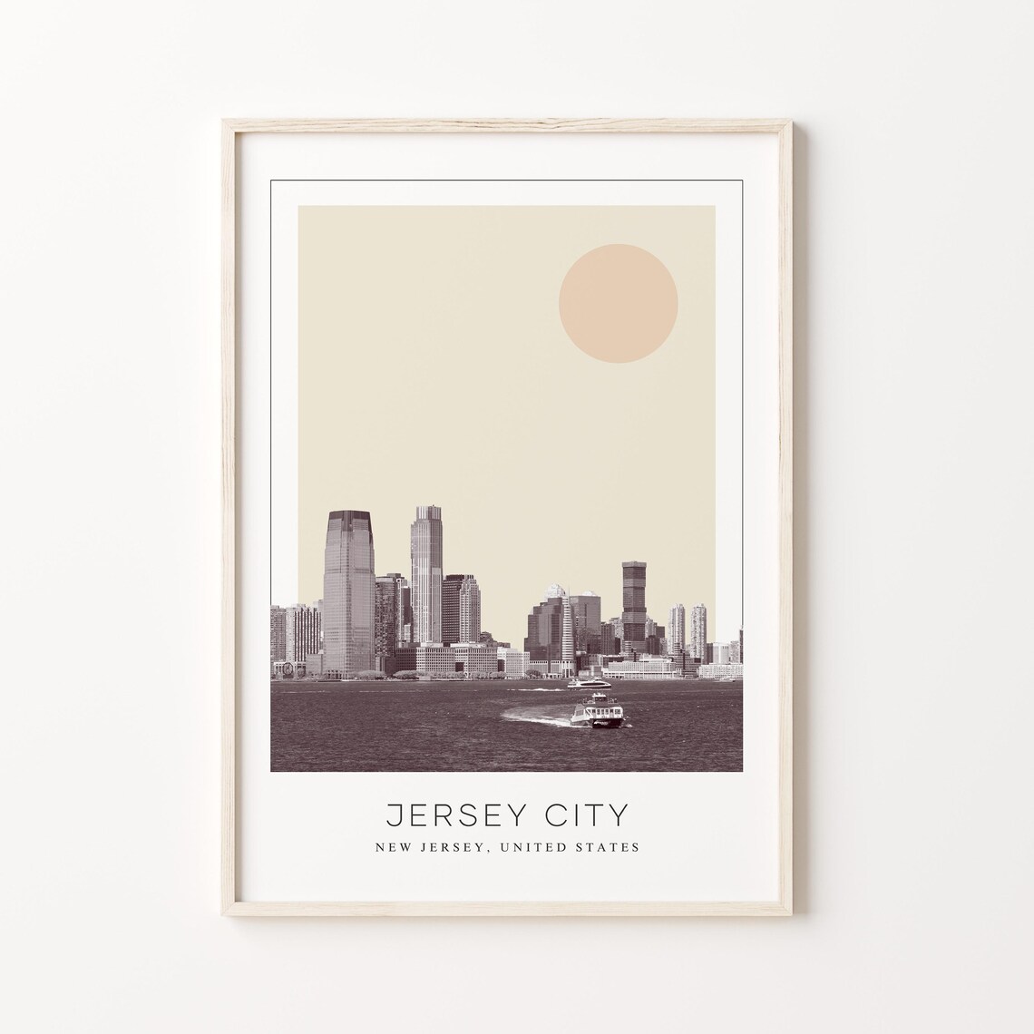 Jersey City New Jersey Skyline Ferry Minimalist Sun Travel Poster