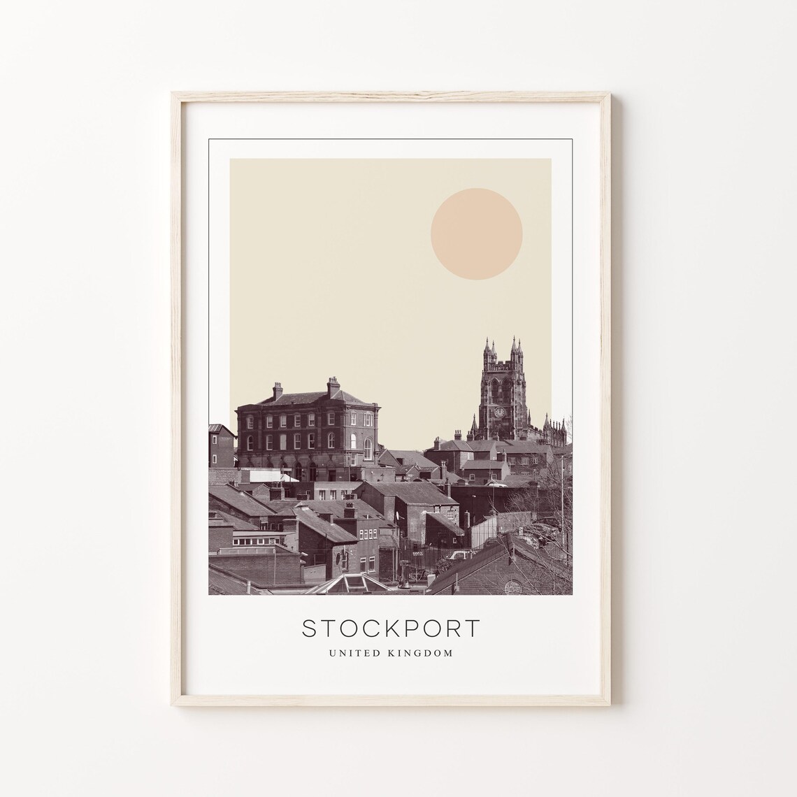 Stockport England Church and Rooftops Minimalist Travel Poster