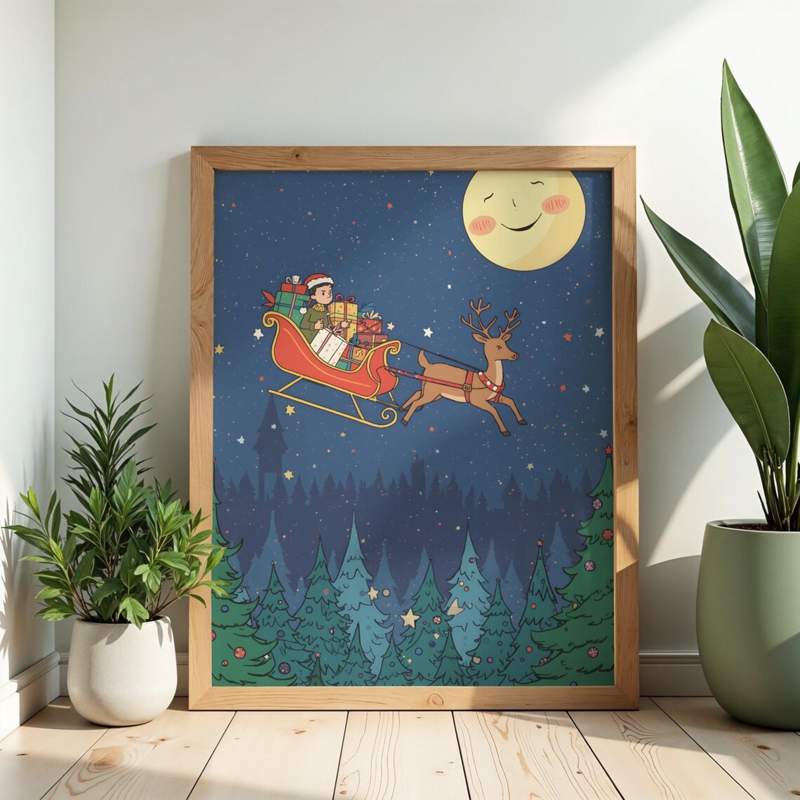 Santa Sleigh Christmas Print Reindeer Moon Night Kids Room Decor
