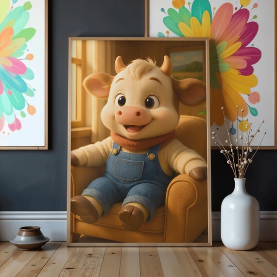 Cute Smiling Baby Cow Overalls Armchair Farm Nursery Wall Art