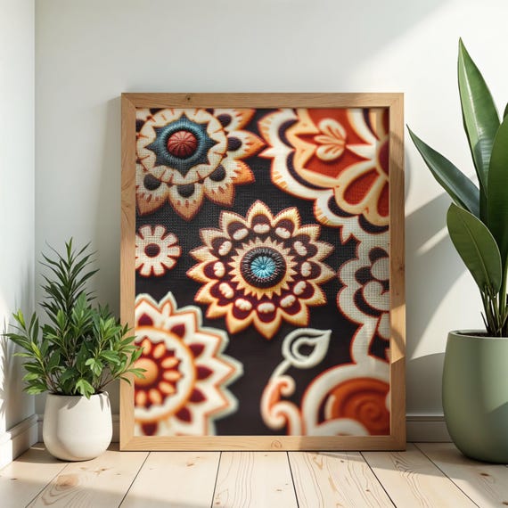 Boho Floral Mandala Wall Art Folk Pattern Decor Warm Earthy Bohemian