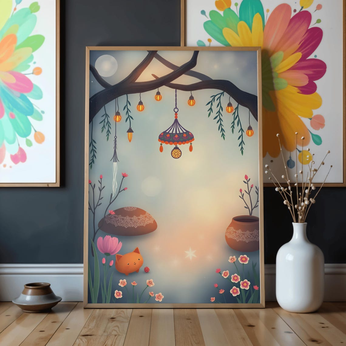 Whimsical Night Garden Orange Cat Lanterns Dreamy Nursery Poster