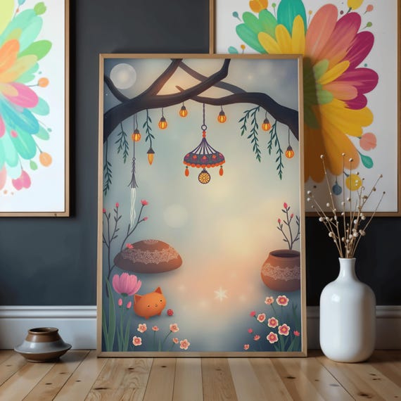 Whimsical Night Garden Wall Art Cozy Fairy Lights Illustration Cute Cat Magical Nursery Decor