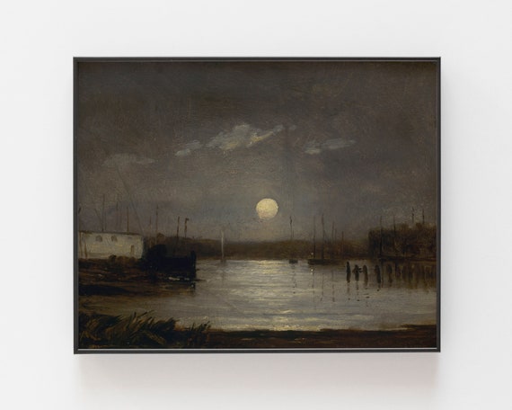 Moody Painting Seascape Painting Boat Print Moon Print Vintage Art Landscape Painting Landscape Art Vintage Moon Art Art