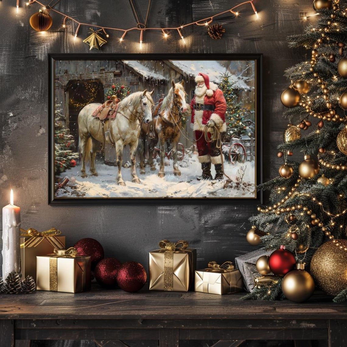 Santa Farm Print Santa Horse Horse Christmas Art Cute Horse Festive Animal Wall Art Holiday Farmhouse Decor 177 - Image 3
