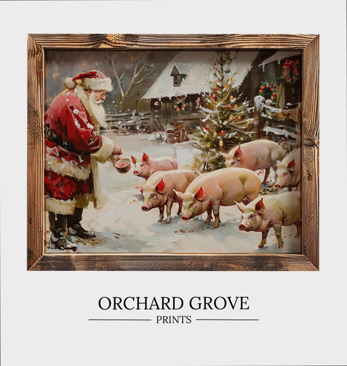 Santa Farm Pig Christmas Art Print, Vintage Farmhouse