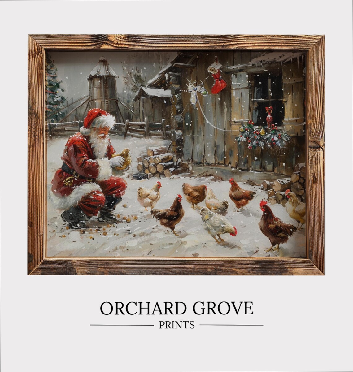 Santa Farm Print Santa Chickens Christmas Farm Art Cute Chicken Festive Animal Wall Art Holiday Farmhouse Decor 179