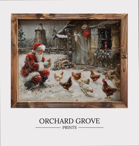 Santa Farm Print Santa Chickens Christmas Farm Art Cute Chicken Festive Animal Wall Art Holiday Farmhouse Decor 179
