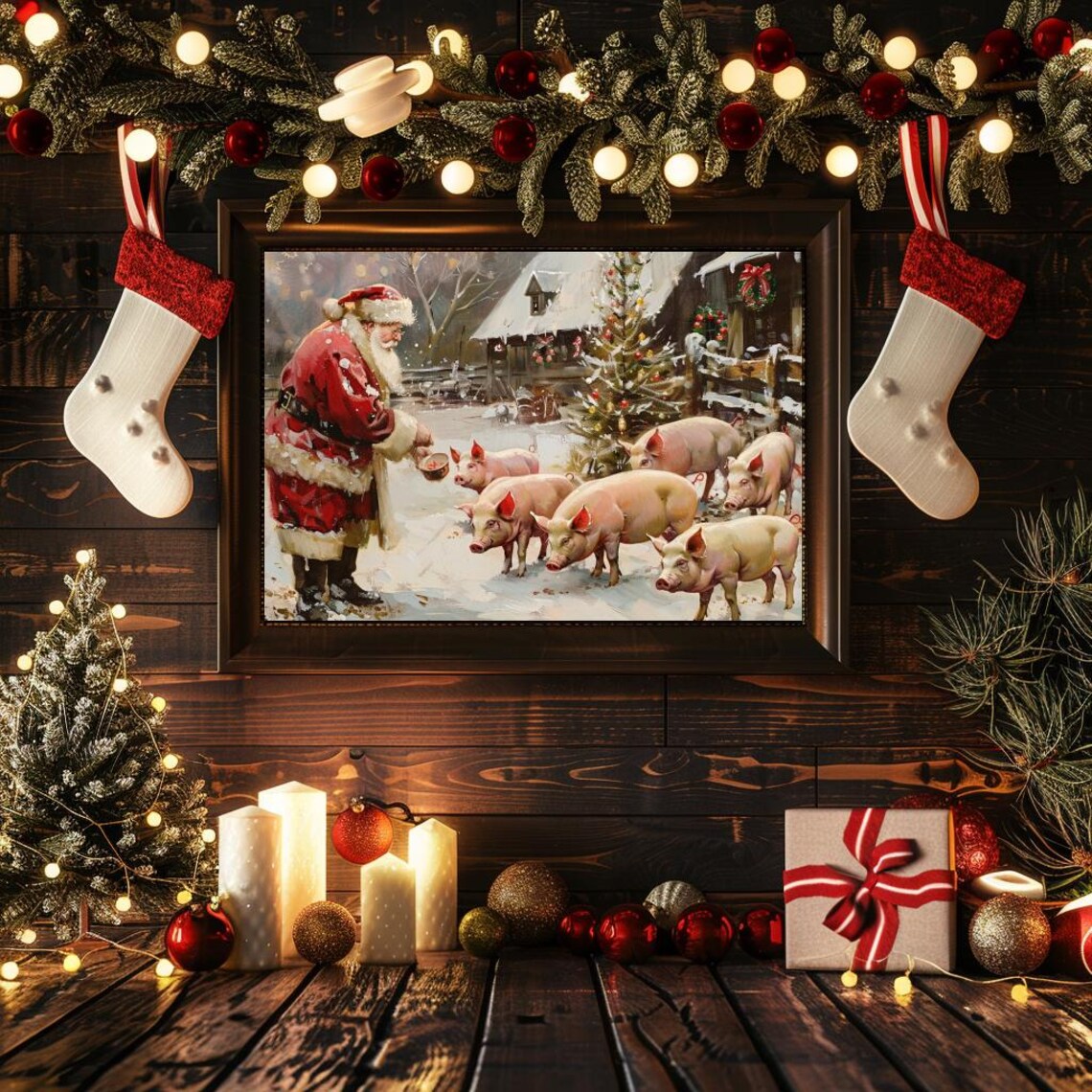 Santa Farm Pig Christmas Art Print, Vintage Farmhouse - Image 2