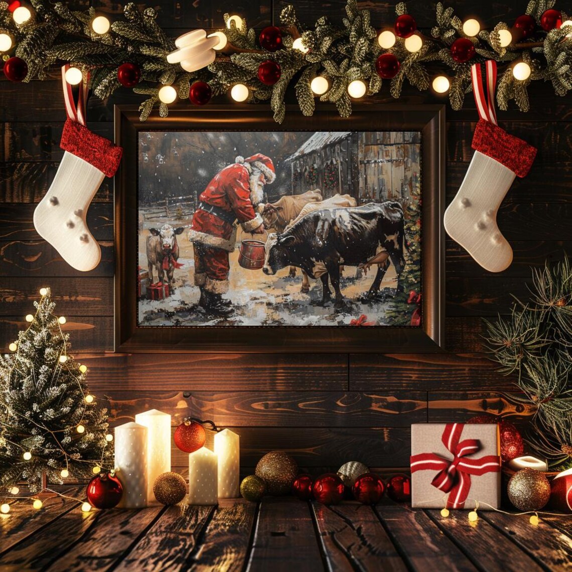 Santa Cows Christmas Farmhouse Vintage Art Print - Image 2