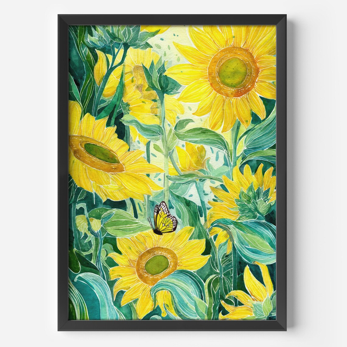 Sunflower Field Watercolor Yellow Blooms Butterfly Floral Poster
