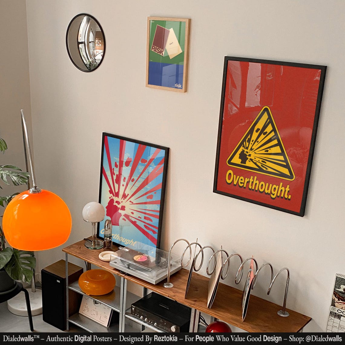 Overthought Warning Triangle Exploding Head Red Retro Graphic Poster - Image 3