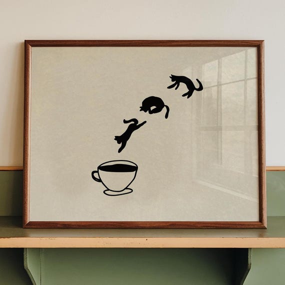 Funny Cat Coffee Print Trendy Kitchen Wall Art Digital Download Horizontal