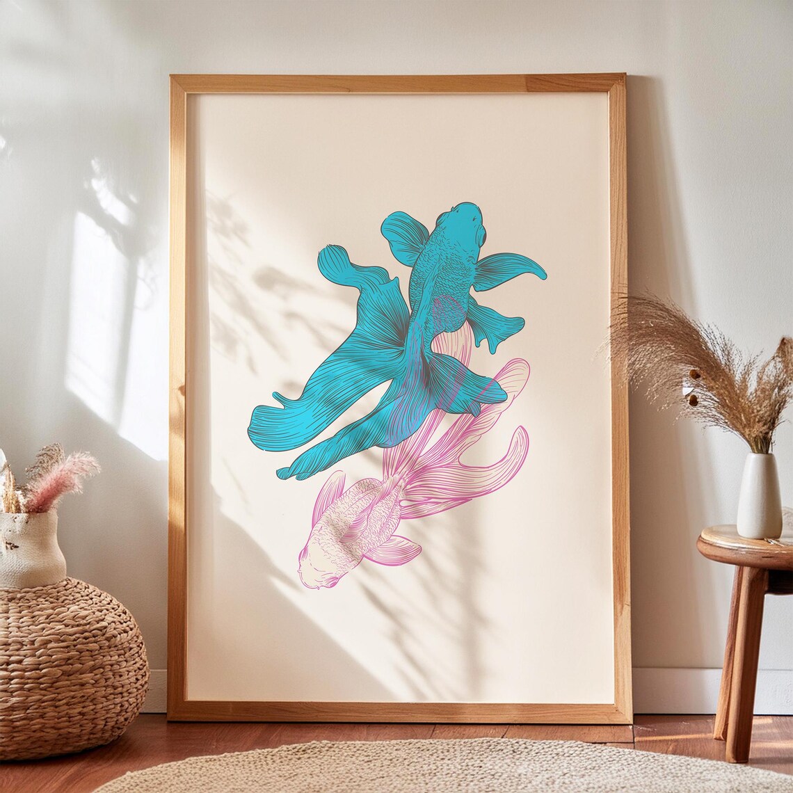 Koi Fish Painting, Japanese Wabi Sabi Decor