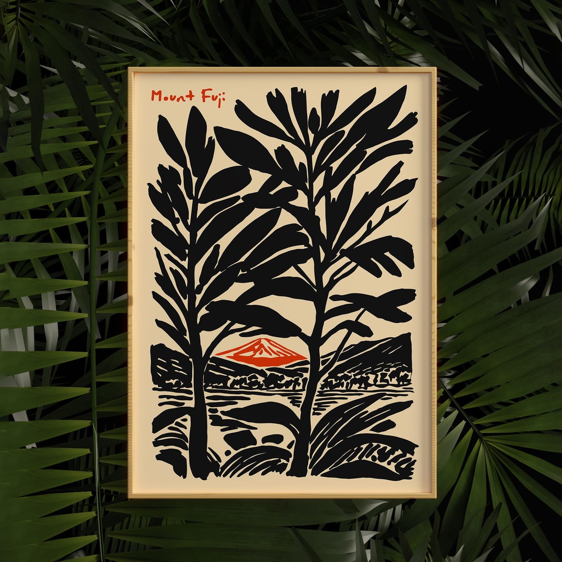 Mount Fuji Red Peak Through Black Tree Silhouette Japan Poster